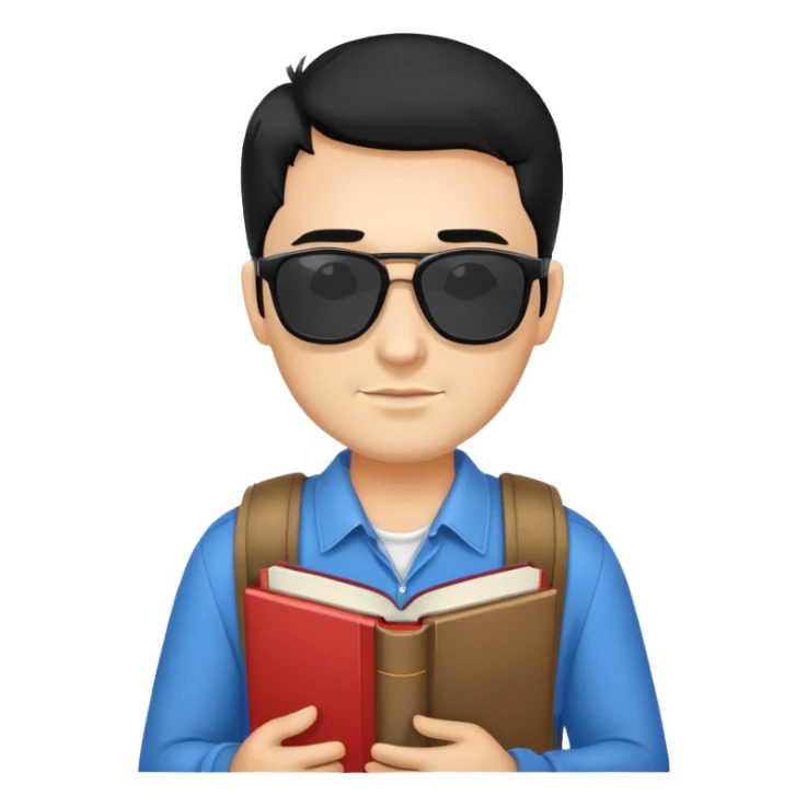 Man with black hair, black stubble, sunglasses on head and wearing a book bag sticker