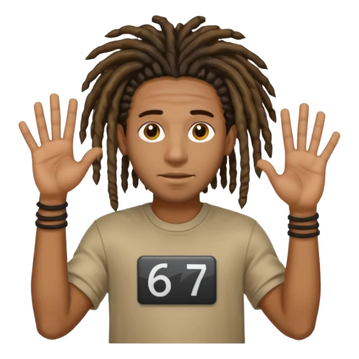 A Black man with dreads holding up physical numbers 6 in his right hand and 7 in his left hand  sticker