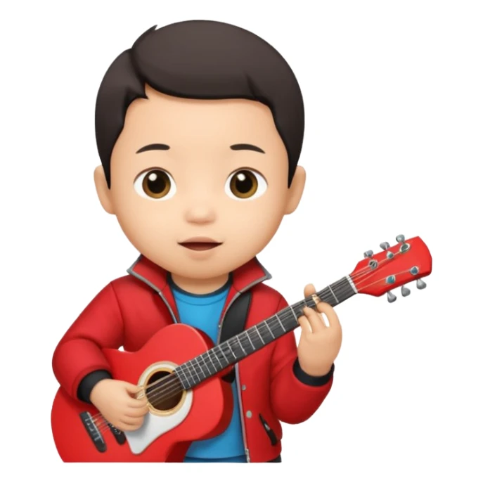 guitar rock player, baby asian head, red jacket sticker