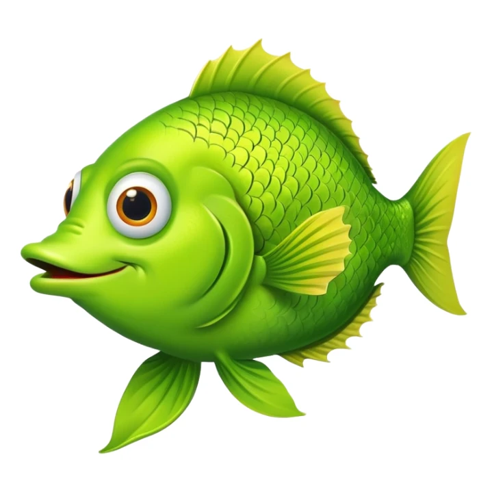 extremely goofy bright lime green fish with huge bulging eye and dopey smile, looking incredibly stupid and friendly, perfect flat side profile facing right, exactly 90 degrees, one eye visible sticker