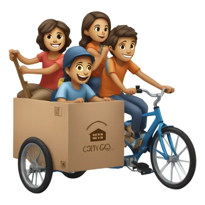 Cargo bike with 3 wheels and box in front, 3 children in it sticker