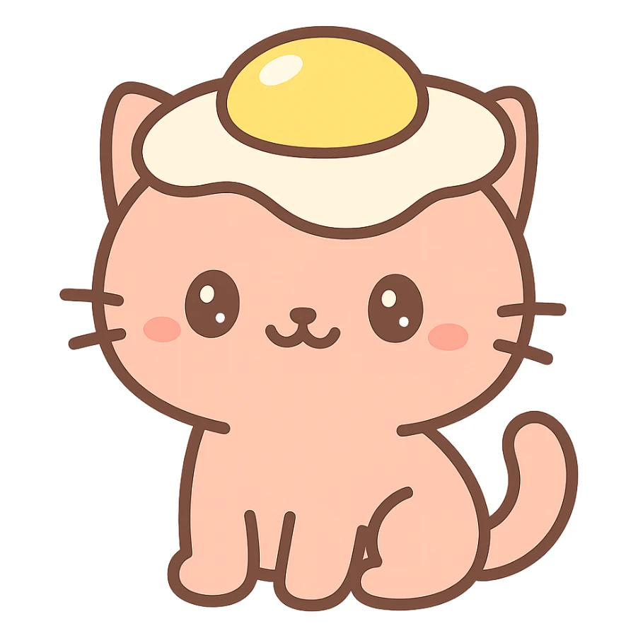 cartoon cat with a sunny side up egg as a hat, cheerful expression, playful and colorful sticker