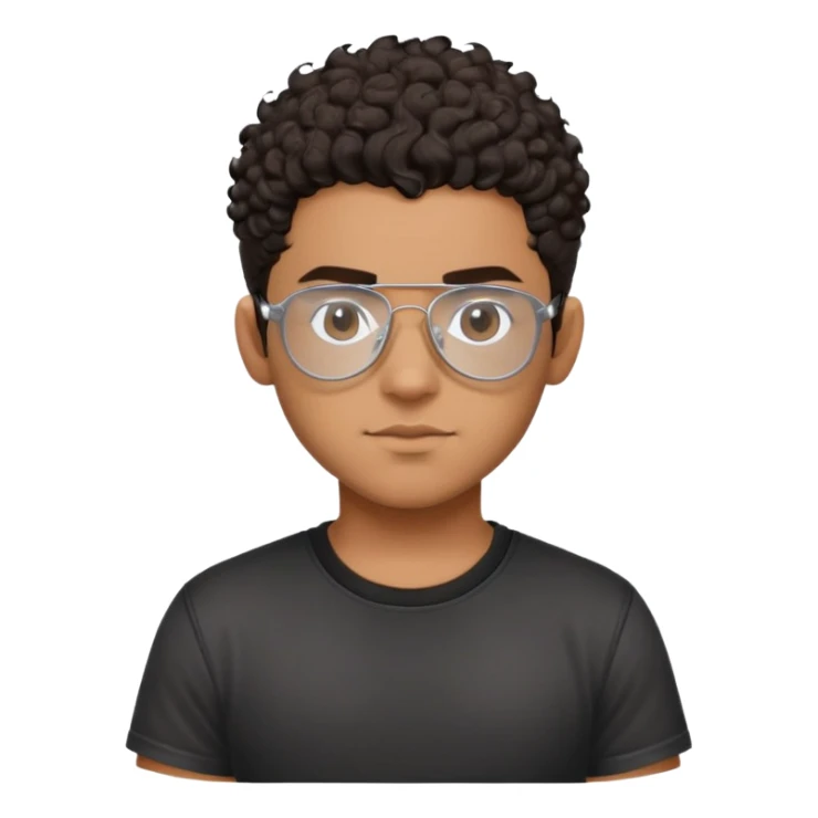 Young Latino with big forehead, metal-framed aviator glasses, very short curly dark hair on top with shaved sides, neutral expression, brown skin, black t-shirt sticker