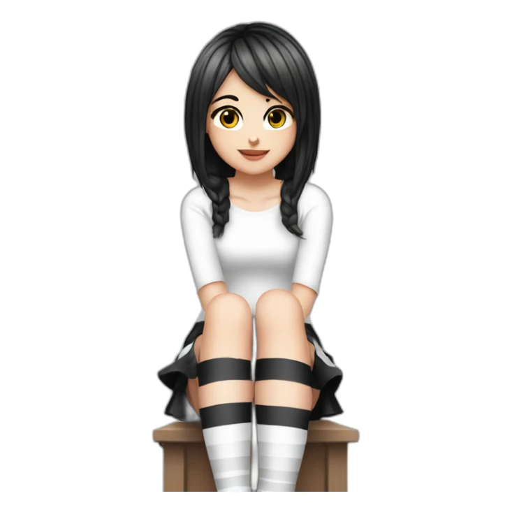 Frontal view curvy emo girl sits white skirt striped stockings hands up sticker