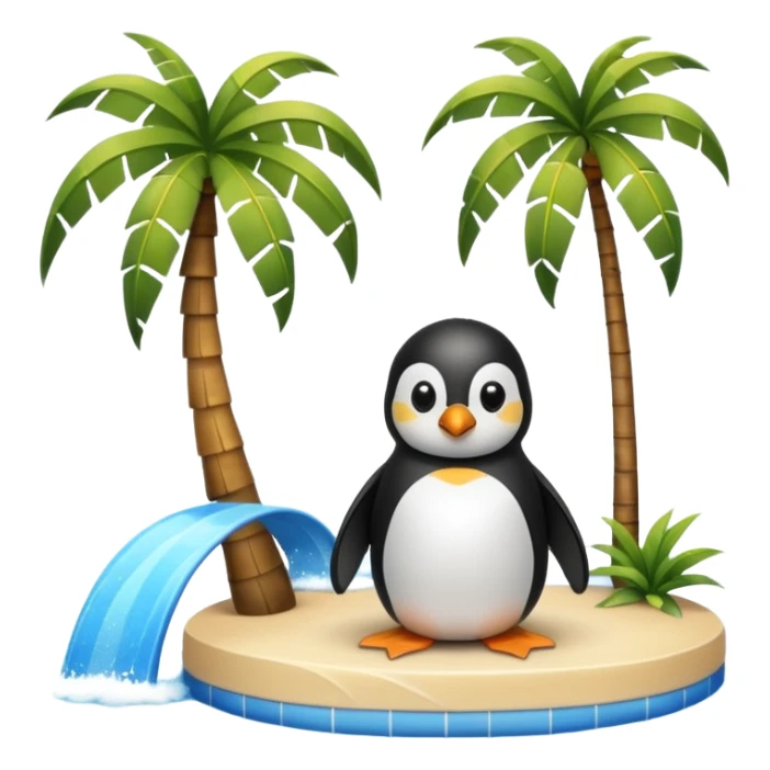 a penguin sitting by a palm tree and pool at the seaside with waves sticker