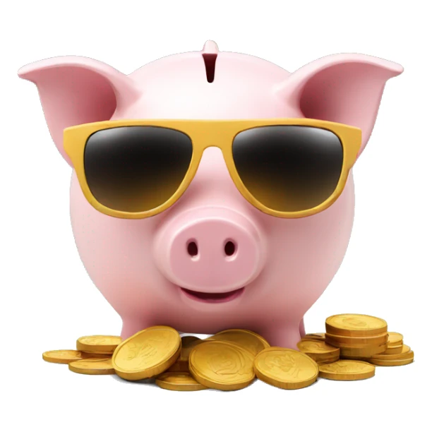 Piggy bank with sunglasses and a coin sticker