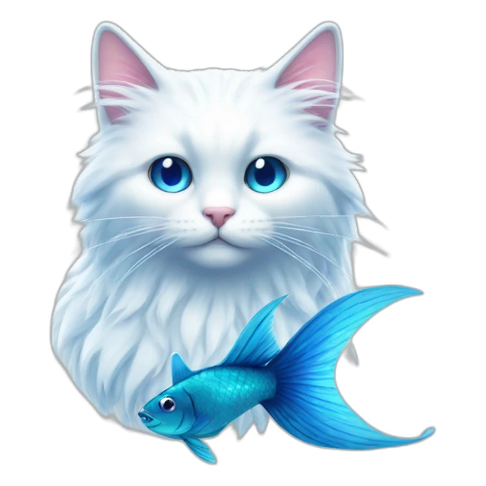 Head of White fluffy cat and a half of blue magic fish tail sticker