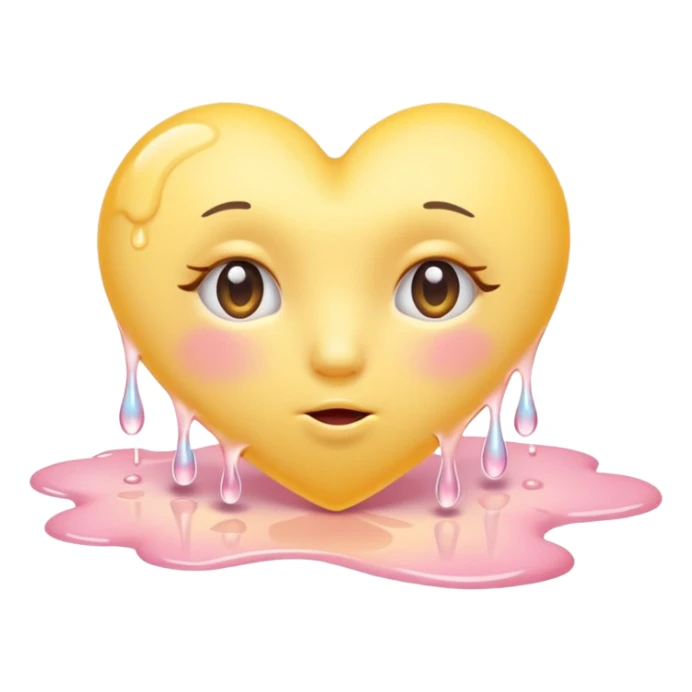 A pastel-yellow heart melting into soft pink tears, curled on a clouded floor under warm sunrise light. sticker