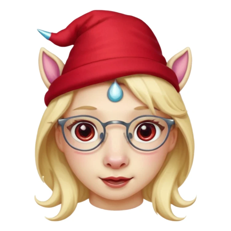 unicorn face cute wearing cute red hat, horn piercing through the hat looking in the camera, blond hair and spectacled sticker
