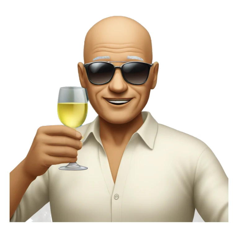 Bald man around 60 years old holding glass of white wine , weaing sunglasses sticker