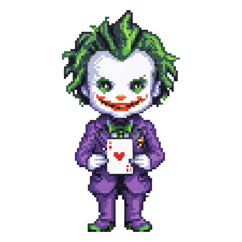 Joker holding a playing card with mischievous expression, pixel art style sticker