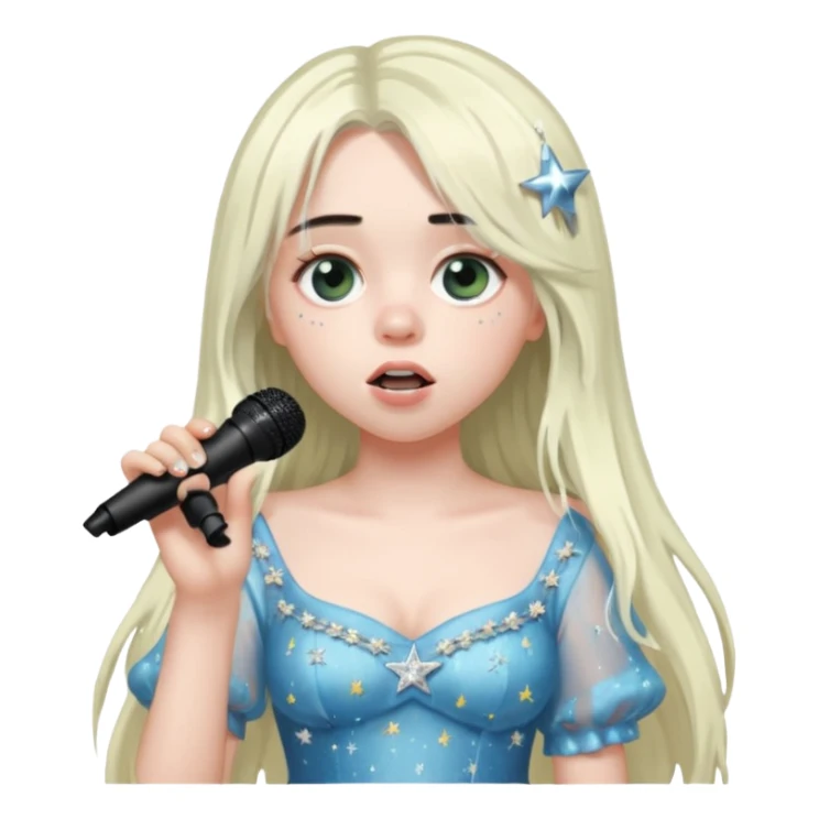 billie eilish is singing, holding mirco and twinkle dresss, white long hair sticker