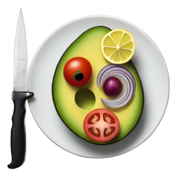 cut vegetables ( avocado , tomato , red onion ,lemon )   on the dark wood kitchen desk by knife .Do it very beautifully  sticker