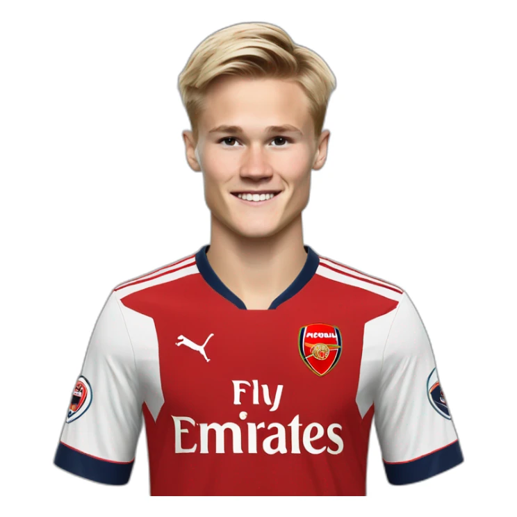 Martin Odegaard celebrates wearing an Arsenal shirt sticker