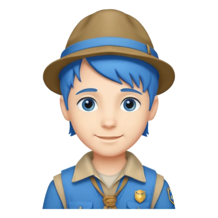 very handsome boy big blue eyes, scout boy with, blue hair and hat sticker