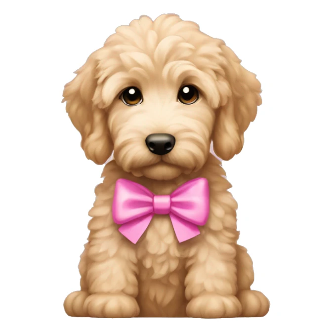 Goldendoodle puppy with a pink bow sticker