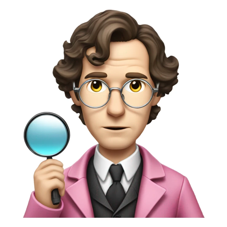 Benedict Cumberbatch-like Sherlock Holmes all in all intensive pink suit holding magnifying glass, upper body sticker
