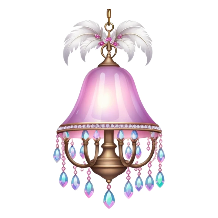 PInk iridescent Bell with chained hanging crystals LAMP with feathers CHANDELIER sticker