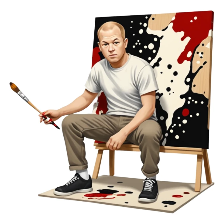 Jackson pollock the abstract artist flicking black white and red paint from a brush onto a canvas at his feet sticker