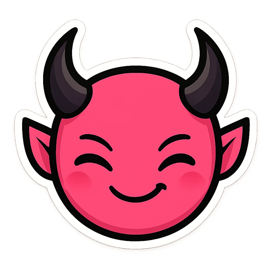 devil emoji in chibi style with hot pink and black colors, elegant horns, playful smile, modern aesthetic sticker