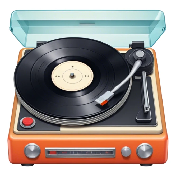 Icon for Vinyl Record Collecting: a stack of vintage vinyl records, with a turntable needle on one record, and a retro record player nearby. The icon should convey the nostalgia and passion for collecting vinyl records. Transparent background. sticker