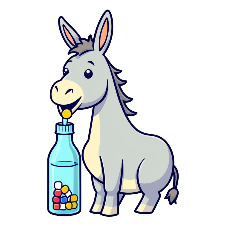 Donkey eating pills and drinking a bottle of alcohol  sticker