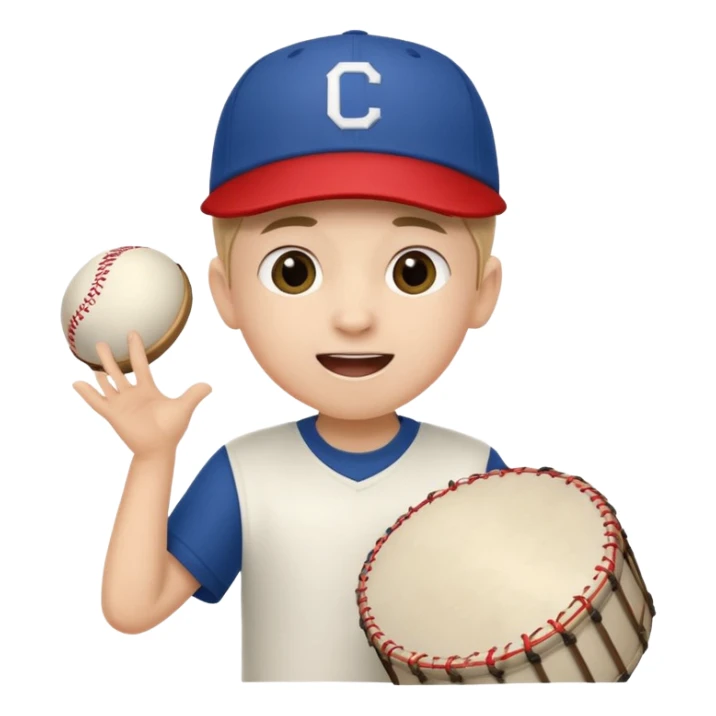 A young boy with a cap, wearing team colors, banging a small drum excitedly. sticker