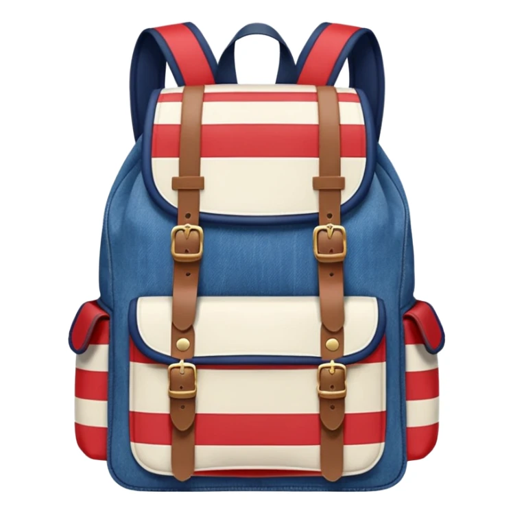  blue denim backpack with red, white, and navy stripes, similar to a Tommy Jeans design. Minimalistic, cartoon-like, front-facing."
 sticker