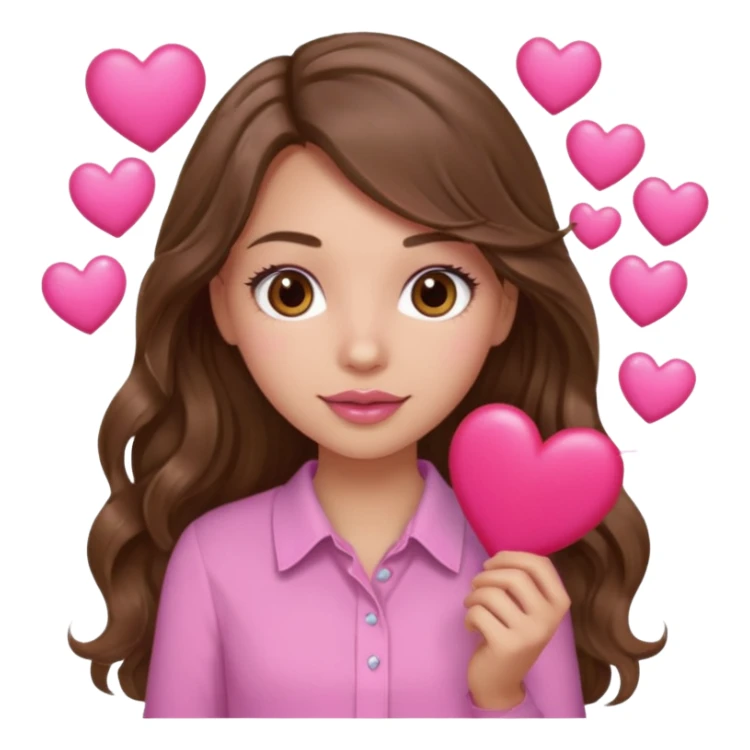 girl with long wavy brown hair, brown eyes, light to medium complexion, in a pink shirt, pink lips, long lashes, many  hearts in hand sticker