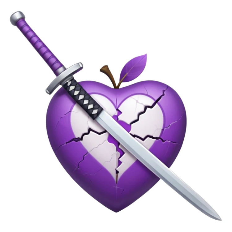 purple and white heart with a katana sword piercing through the center, Apple style emoji sticker