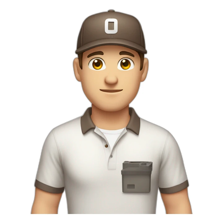 Pale skinned fit Man with dark brown hair in a light gray cap, dark brown jeans, brown polo and white T-shirt keeping a pasted with tape white box into his hands sticker