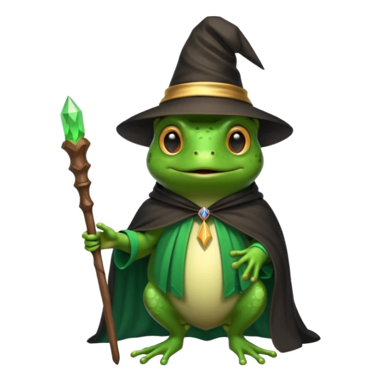 Frog with a wizard hat and cloak with a swazzy wooden wand sticker