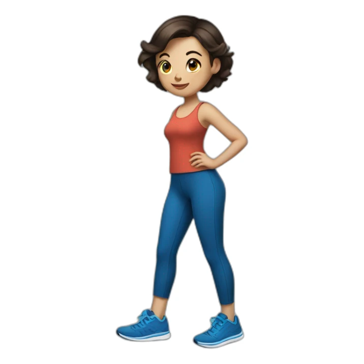 Short brunette, leggings, blue walking shoes, tattoo sticker