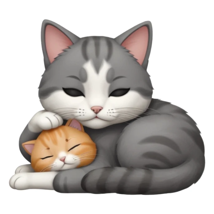 dark grey and white small cat with his eyes closed, leaning his head on his paw while leaning on his elbow lying down sticker