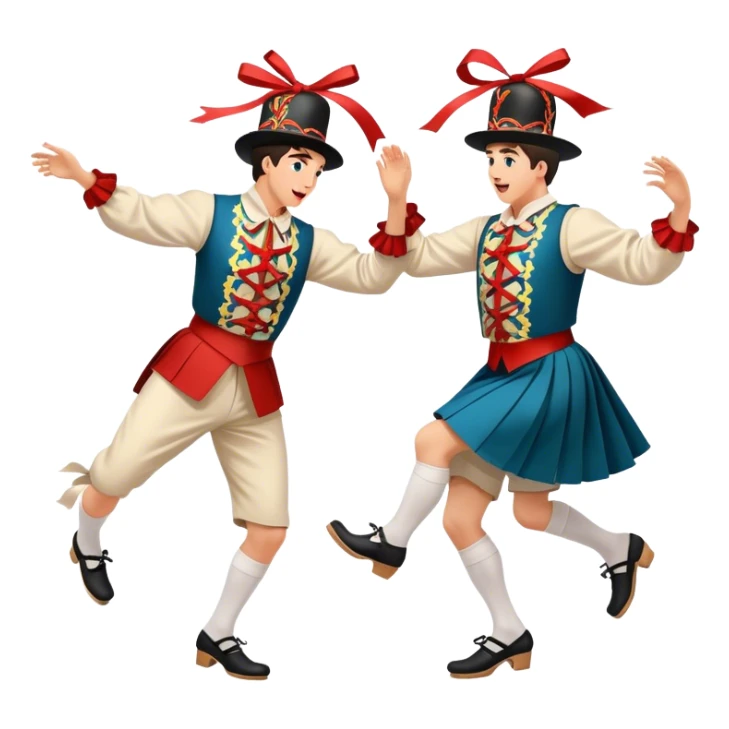 Cinematic Realistic scene of two performers executing a Morris Dance in full traditional costume—with bells, ribbons, and clogs—captured in dynamic motion against a rustic English backdrop and warm, golden lighting sticker