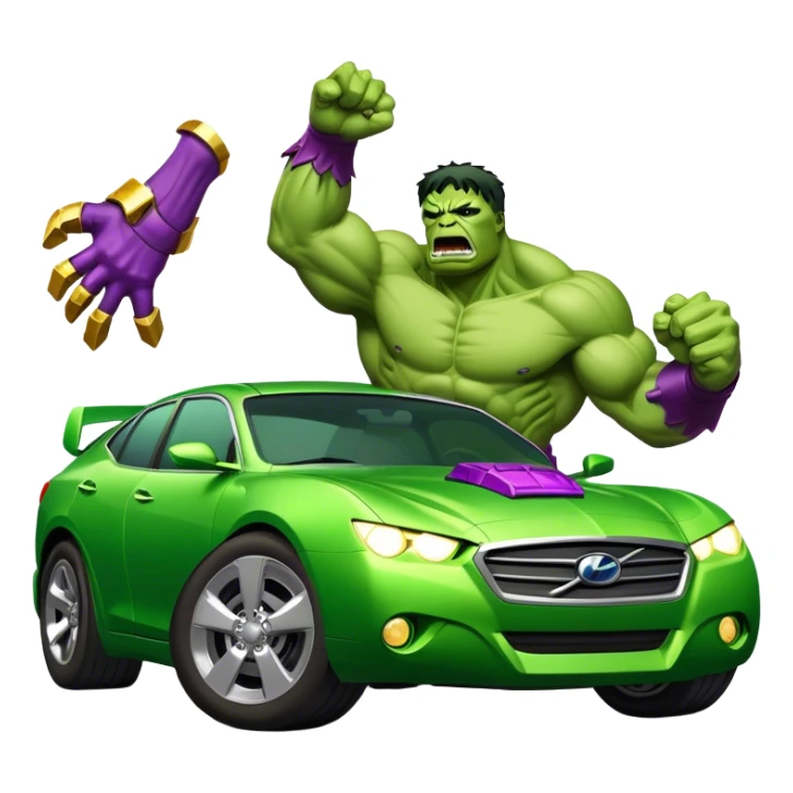 Vengeful hulk smashing a car wearing infinity gauntlet sticker