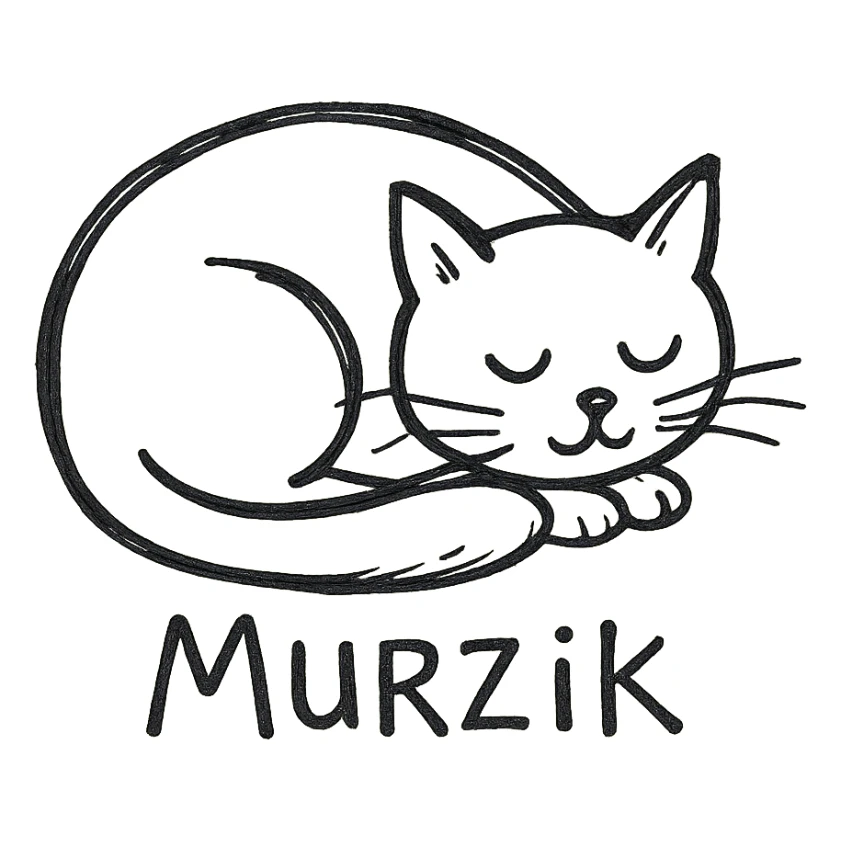 hand-drawn black outline icon of a cat named Murzik, curled up and sleeping sticker