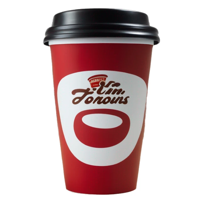 “Red Tim Hortons coffee cup with large white ‘Tim Hortons’ logo in script, black plastic lid, and a simple, clean design.” sticker