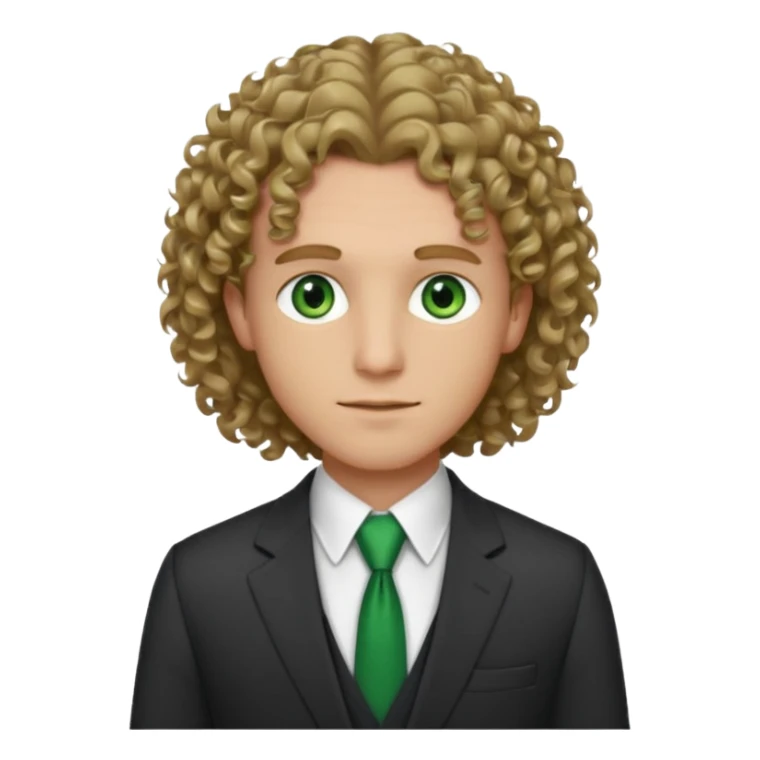 Male, wearing a suit. fair complexion, green eyes, shoulder length dark blonde curly hair, bar slinger sticker
