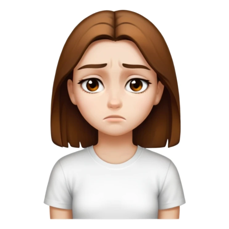 Draw this girl in the same style and appearance, but with a sad expression. Do not change her facial features, clothes, or hairstyle. iOS emoji style. sticker