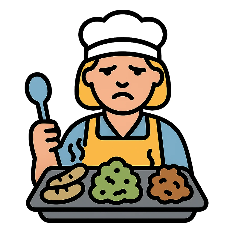lunch lady serving unappetizing, gross cafeteria food icon with color and black outlines sticker