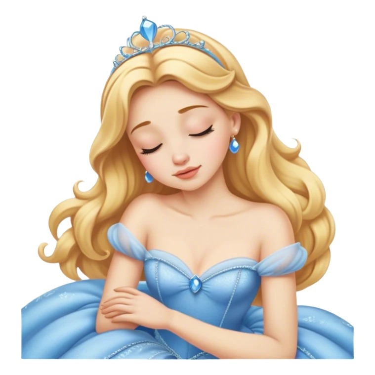 Cinematic Realistic Sleeping Cinderella Portrait, portrayed with exceptional realism: her luminous porcelain skin and exquisitely detailed golden-blonde hair lie softly under the gentle caress of natural light. Her eyes are peacefully closed in a serene, dreamlike slumber, and every fold and shimmer of her iconic ball gown is rendered with painstaking detail. The overall composition radiates a quiet, enchanting glow that encapsulates the timeless, restful beauty of a princess lost in a gentle, magical dream. sticker