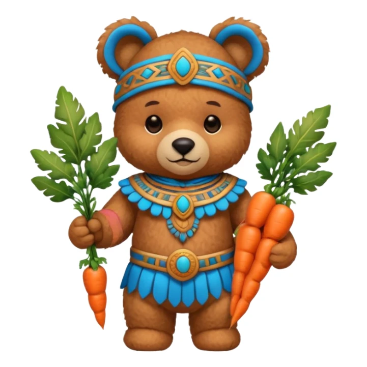 teddy bear, wearing blue mayan ancient custome, with carrot half body sticker