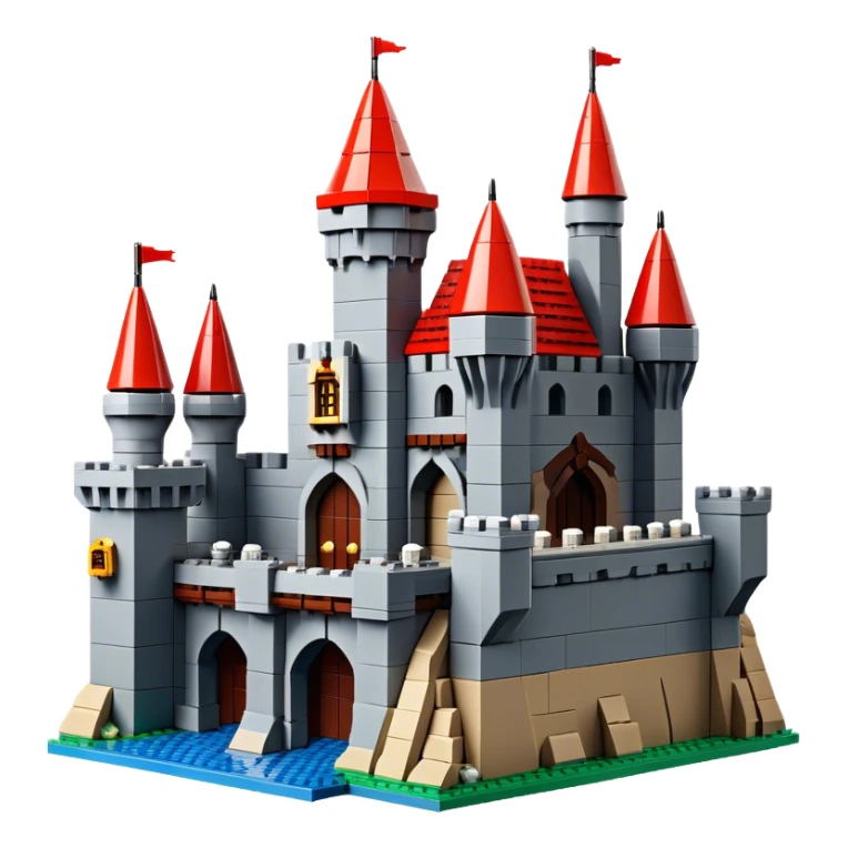 A photorealistic icon featuring a large medieval castle built from LEGO bricks, with detailed textures of the bricks, turrets, and drawbridge. The design captures the creativity and intricacy of LEGO construction with vibrant colors and realistic lighting. Transparent background sticker