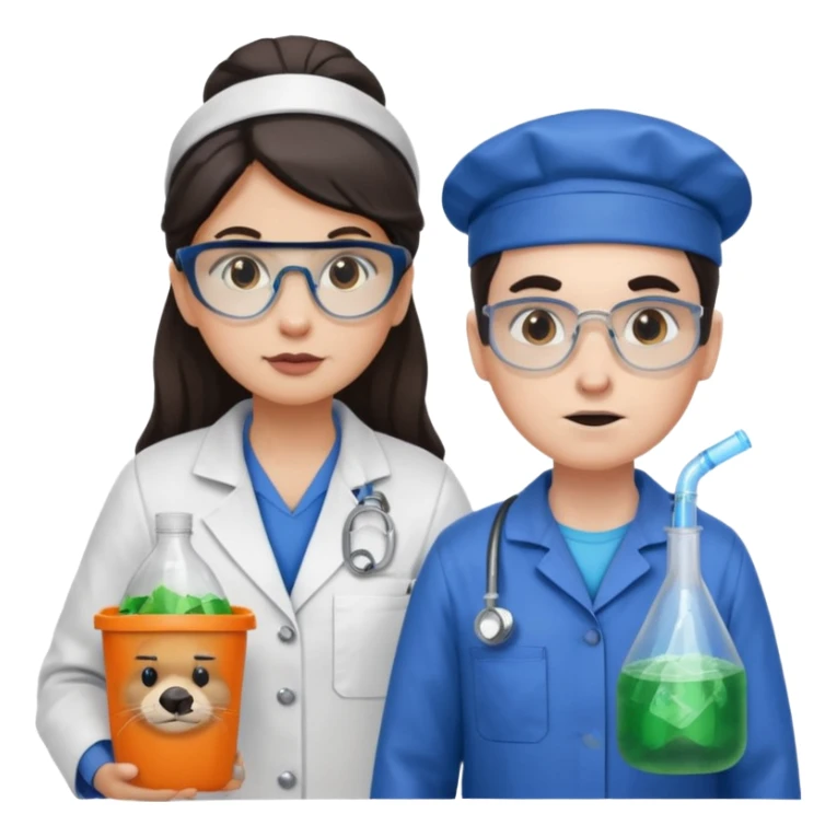 an otter disguised as a woman garbage collector next to a white man mad scientist with dark hair sticker