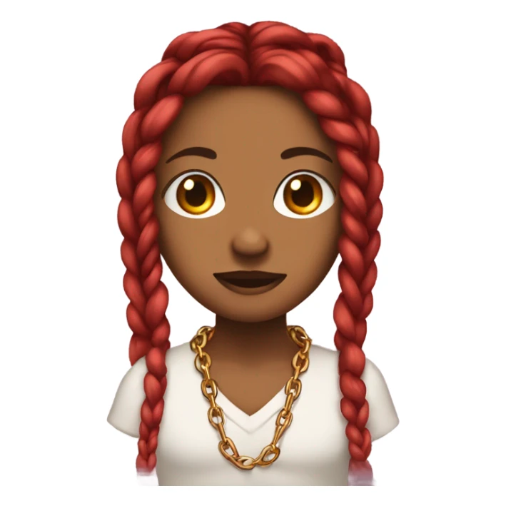 brown skin with red braids wearing a chain that says baddies sticker