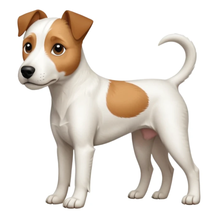 a full body large white parson russell terrier looking dog the size of a kelpie with light brown ears and a light brown patch on one eye and a large snout sticker