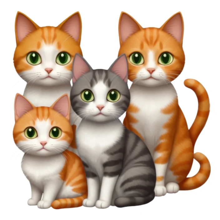 3 different coloured tiny short haired cats, including a dark grey and white cat with green eyes,and  a ginger and white with orange eyes and a brown tabby and white with hazel eyes sticker