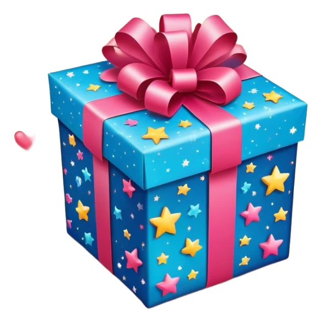 cute gift box with sparkling stars and hearts, smiling wrapping paper, vibrant colors, joyful and romantic mood sticker