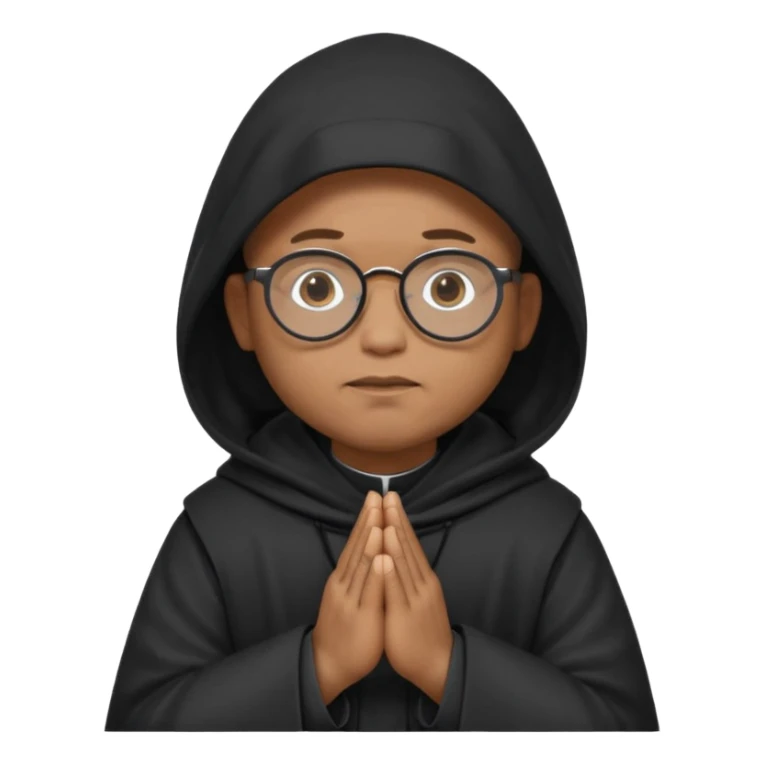 Monk priest prayer black habit with hood round black glasses done light brown wavy hair under hood remove the medallion smaller more round glassed age 46 remove necklace thinner or more oval face  sticker